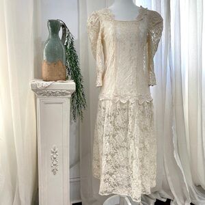 Vintage Lace Eyelet Drop Waist Beaded Puff Sleeve Midi Wedding Dress